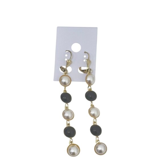 NEW Gold Filled Gold & Pearl Drop Earrings With Black Beads - Picture 8 of 9